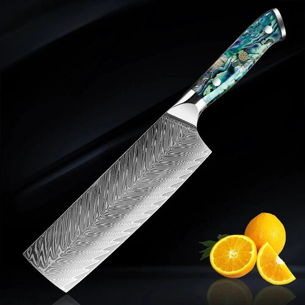 Couteau Okugai (おくがい) en acier de Damas avec manche en nacre d&