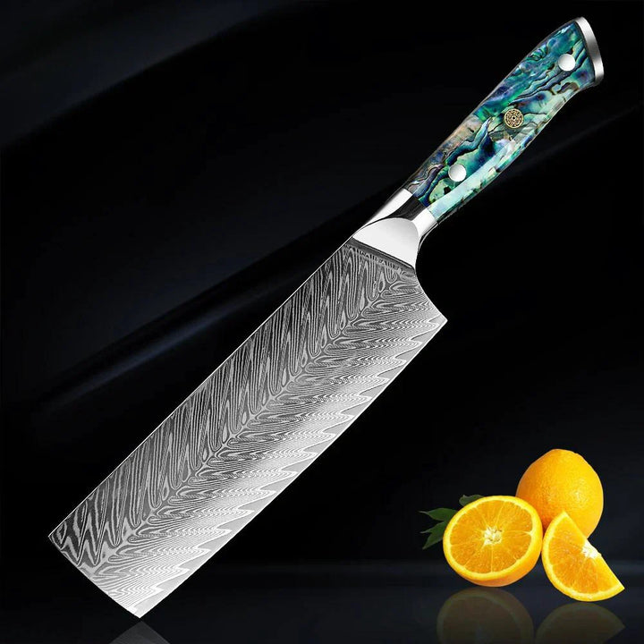 Couteau Okugai (おくがい) en acier de Damas avec manche en nacre d&