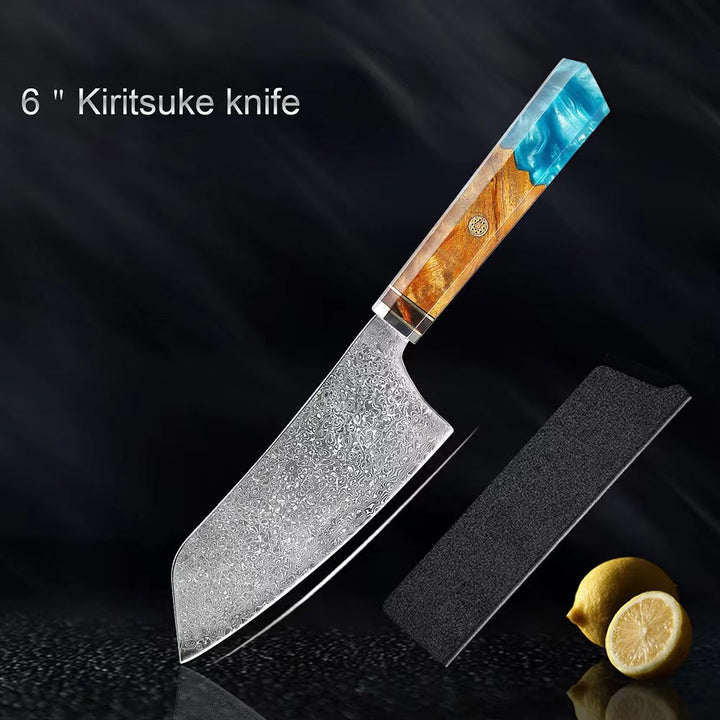 Couteau japonais Seiki (清木) en acier damas avec manche en résine bleue