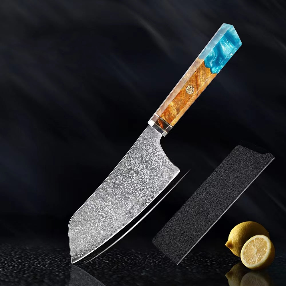 Couteau japonais Seiki (清木) en acier damas avec manche en résine bleue