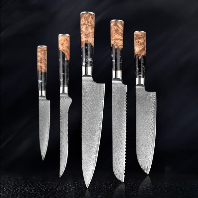 SAKUTO (作東) Ensemble de couteaux de cuisine japonais en acier damassé avec manche en résine