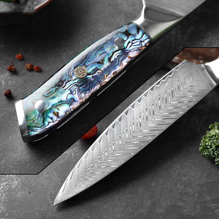 Couteau Okugai (おくがい) en acier de Damas avec manche en nacre d&