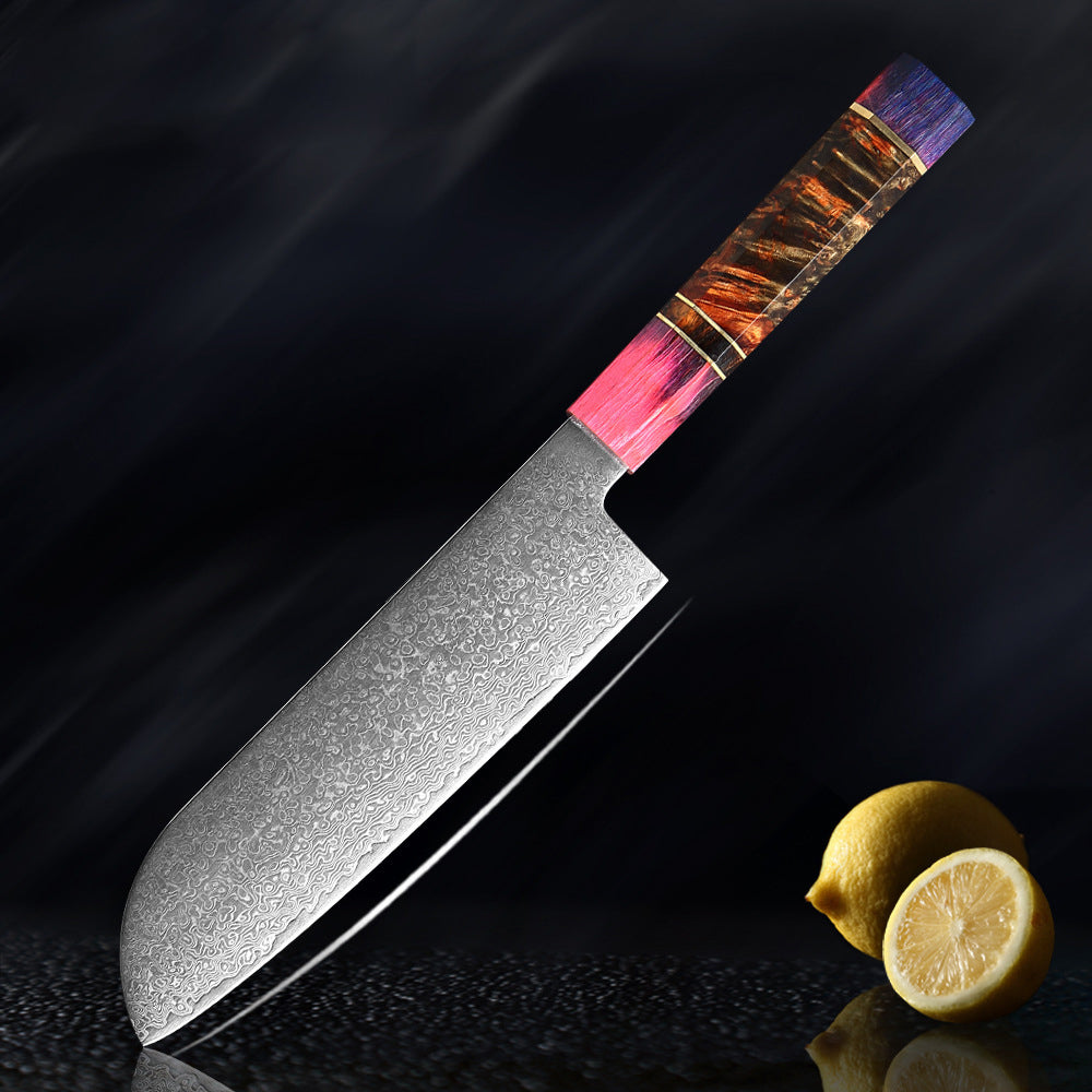 Couteau de cuisine japonais SAKUTO (久拓) en acier damassé avec manche octogonal coloré