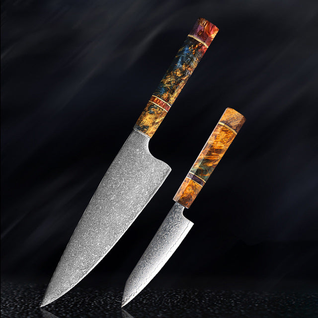 Couteau de cuisine japonais SAKUTO (久拓) en acier damassé avec manche octogonal coloré