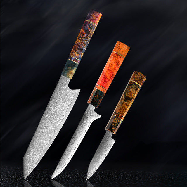 Couteau de cuisine japonais SAKUTO (久拓) en acier damassé avec manche octogonal coloré