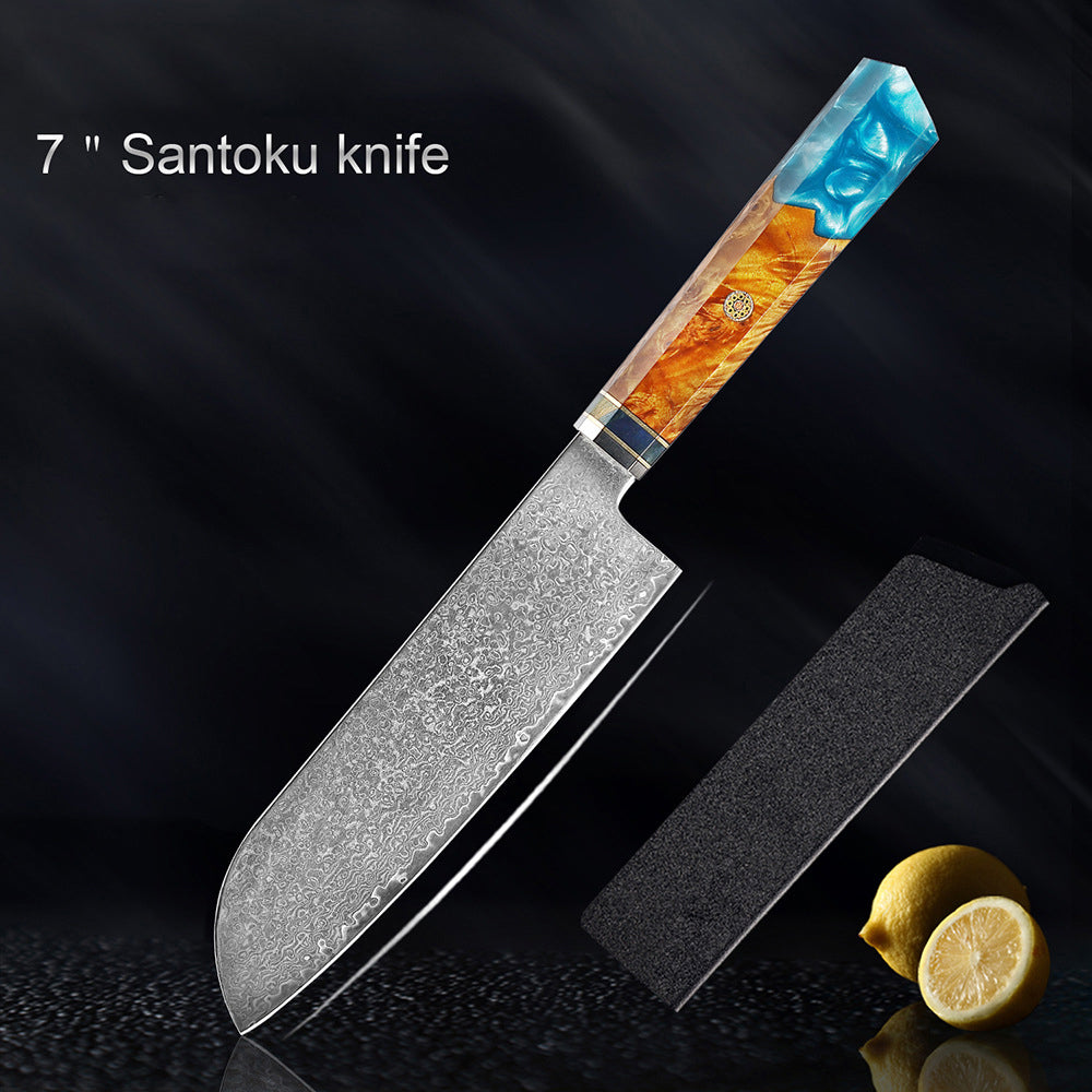 Couteau japonais Seiki (清木) en acier damas avec manche en résine bleue