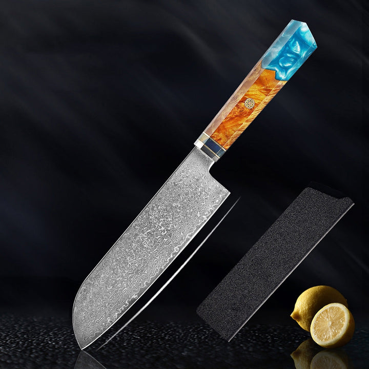 Couteau japonais Seiki (清木) en acier damas avec manche en résine bleue