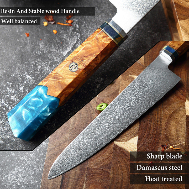 Couteau japonais Seiki (清木) en acier damas avec manche en résine bleue