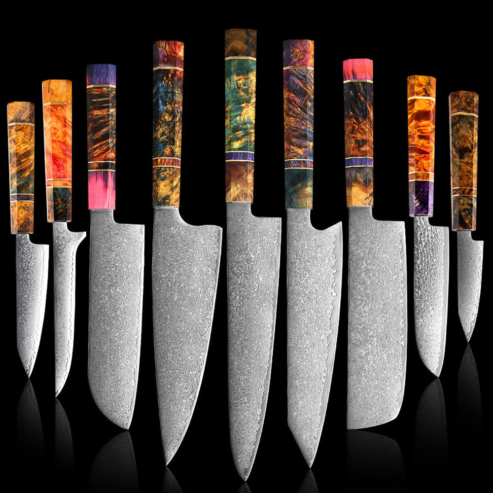 Couteau de cuisine japonais SAKUTO (久拓) en acier damassé avec manche octogonal coloré