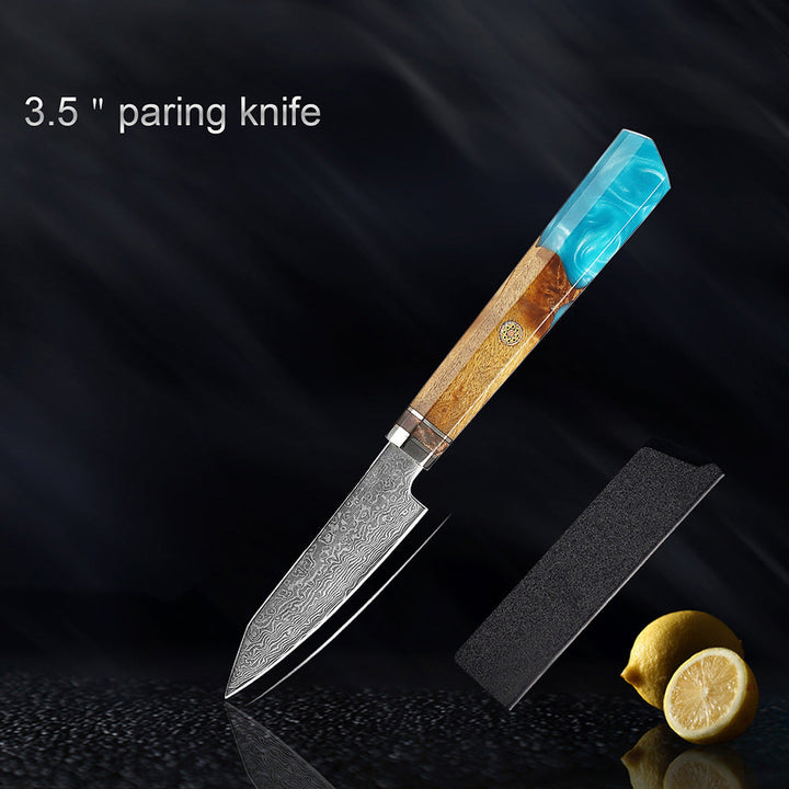 Couteau japonais Seiki (清木) en acier damas avec manche en résine bleue