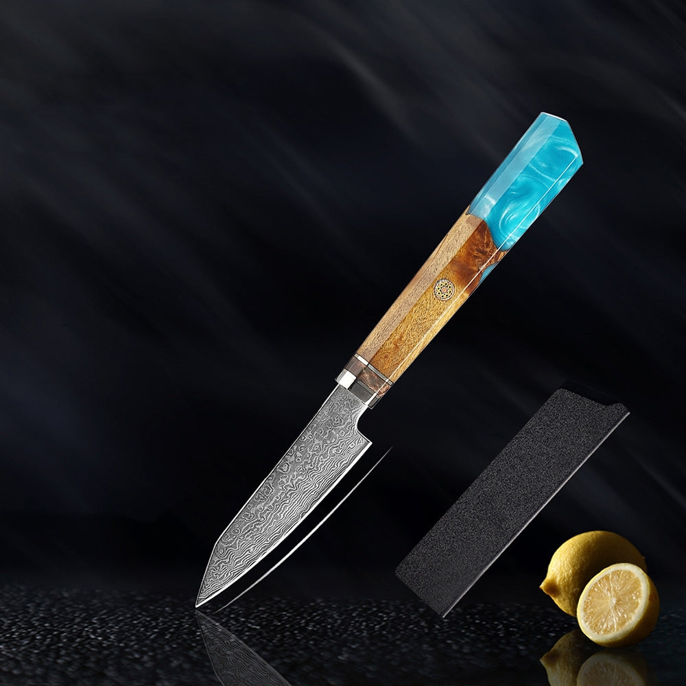 Couteau japonais Seiki (清木) en acier damas avec manche en résine bleue