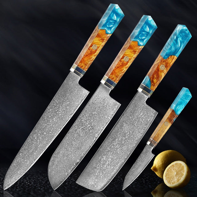Couteau japonais Seiki (清木) en acier damas avec manche en résine bleue