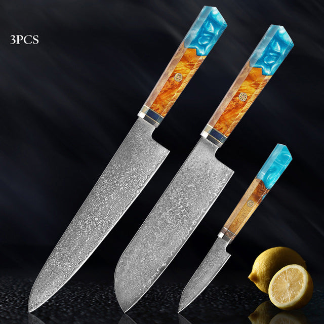 Couteau japonais Seiki (清木) en acier damas avec manche en résine bleue