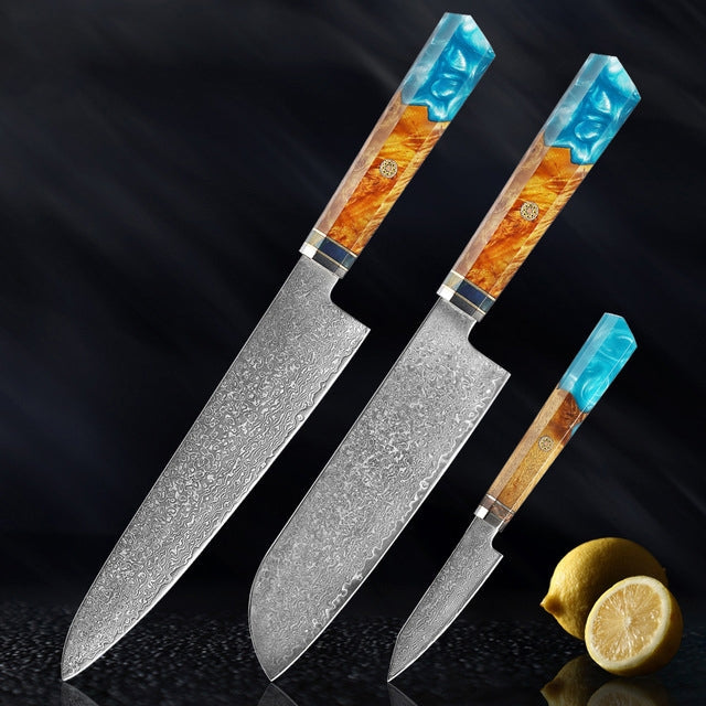 Couteau japonais Seiki (清木) en acier damas avec manche en résine bleue