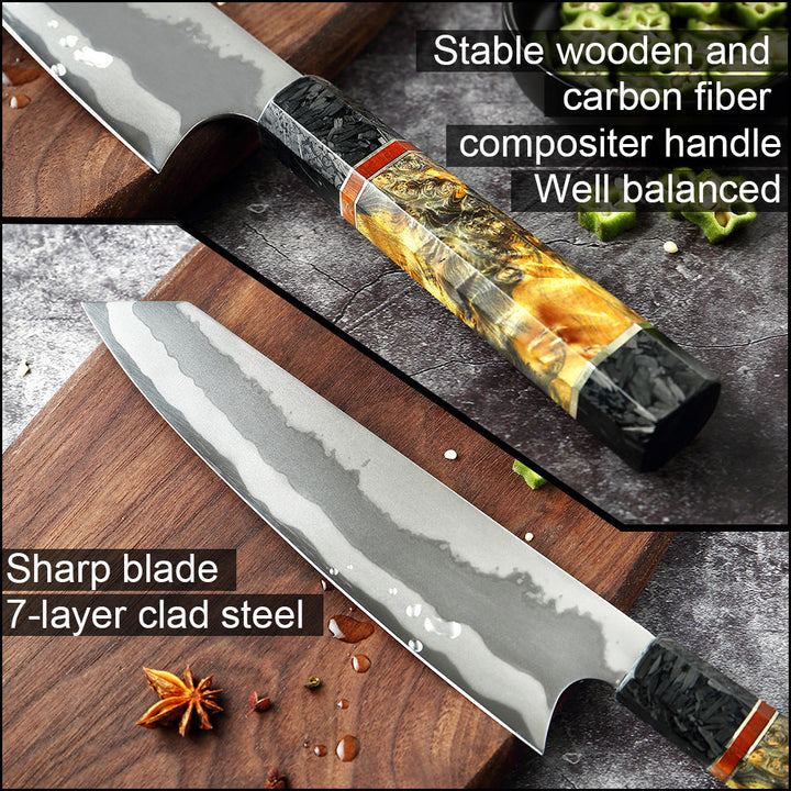Kiritsuke (きり付け) Couteau de chef japonais en acier de Damas avec manche octogonal coloré