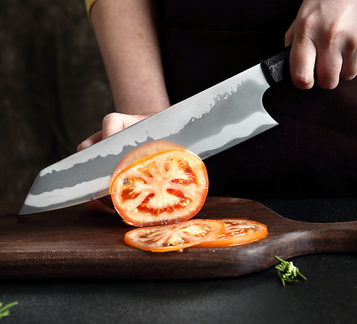 Kiritsuke (きり付け) Couteau de chef japonais en acier de Damas avec manche octogonal coloré