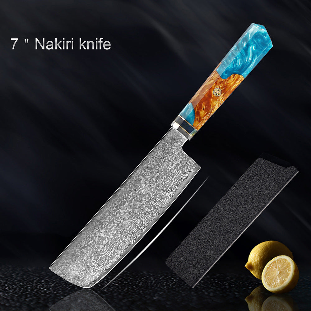 Couteau japonais Seiki (清木) en acier damas avec manche en résine bleue