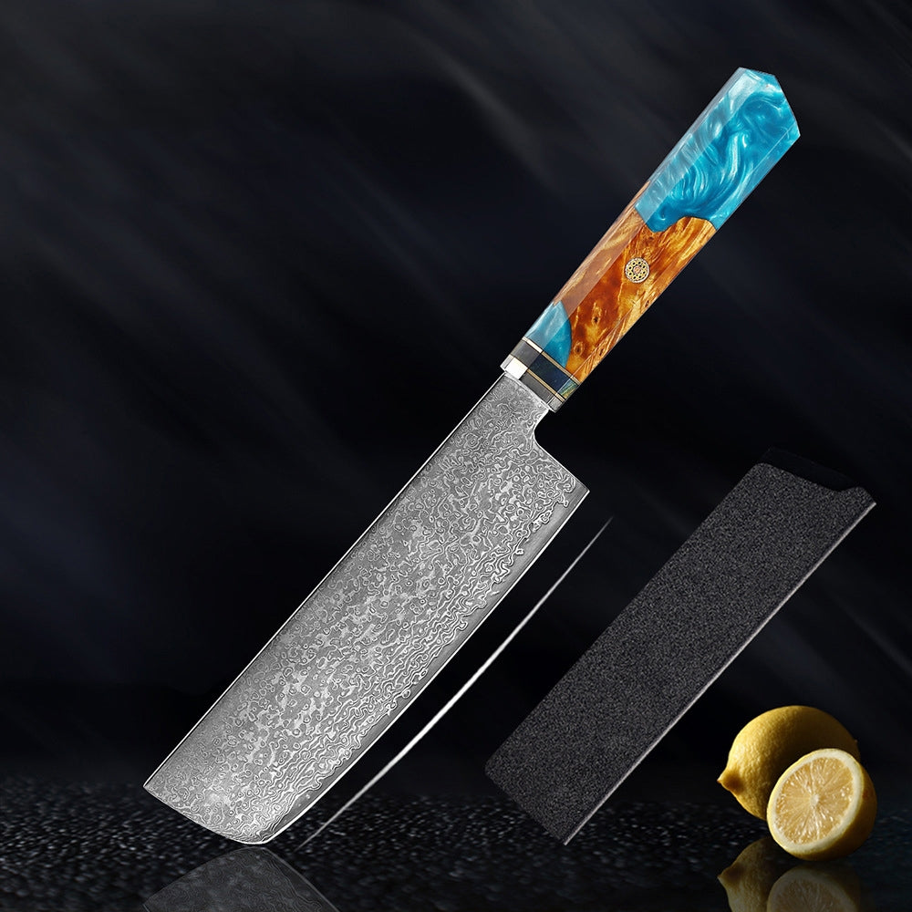 Couteau japonais Seiki (清木) en acier damas avec manche en résine bleue