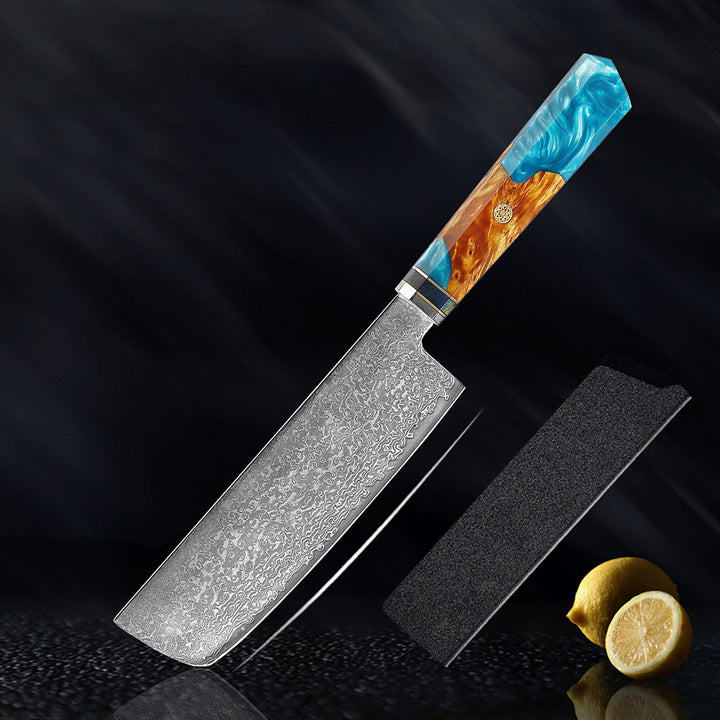 Couteau japonais Seiki (清木) en acier damas avec manche en résine bleue