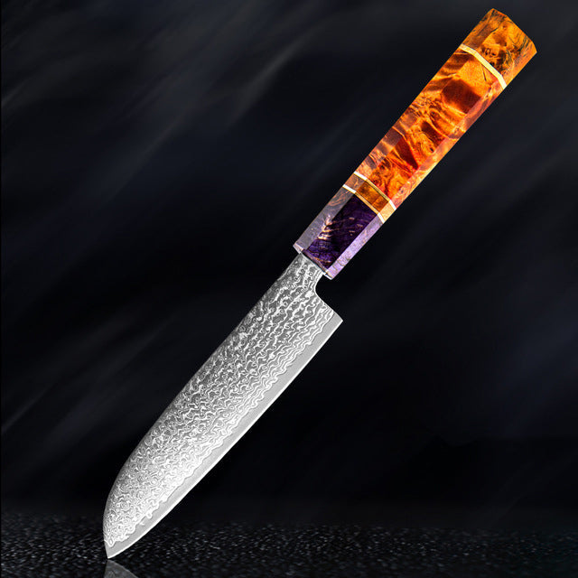 Couteau de cuisine japonais SAKUTO (久拓) en acier damassé avec manche octogonal coloré