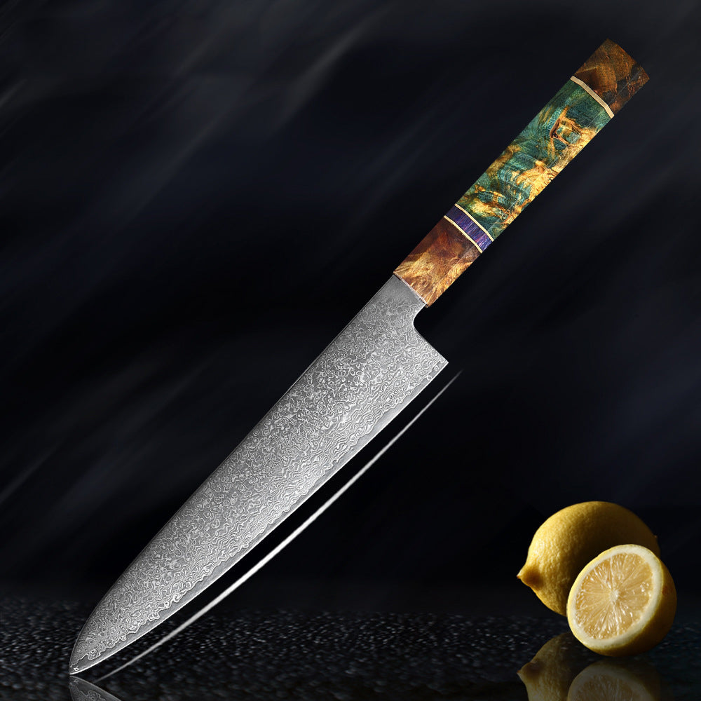 Couteau de cuisine japonais SAKUTO (久拓) en acier damassé avec manche octogonal coloré