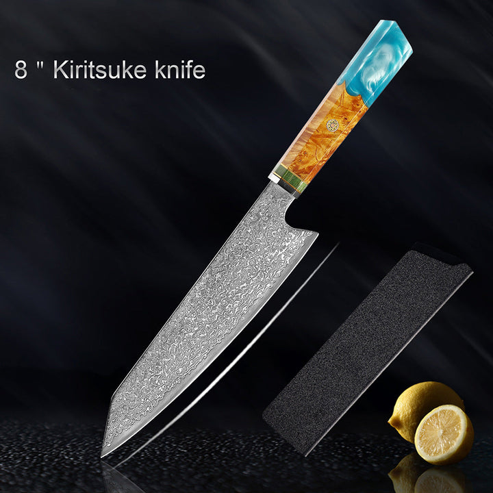 Couteau japonais Seiki (清木) en acier damas avec manche en résine bleue