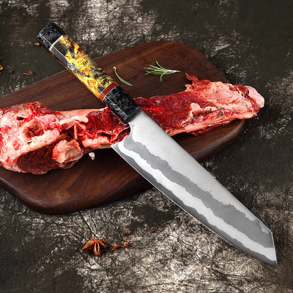 Kiritsuke (きり付け) Couteau de chef japonais en acier de Damas avec manche octogonal coloré