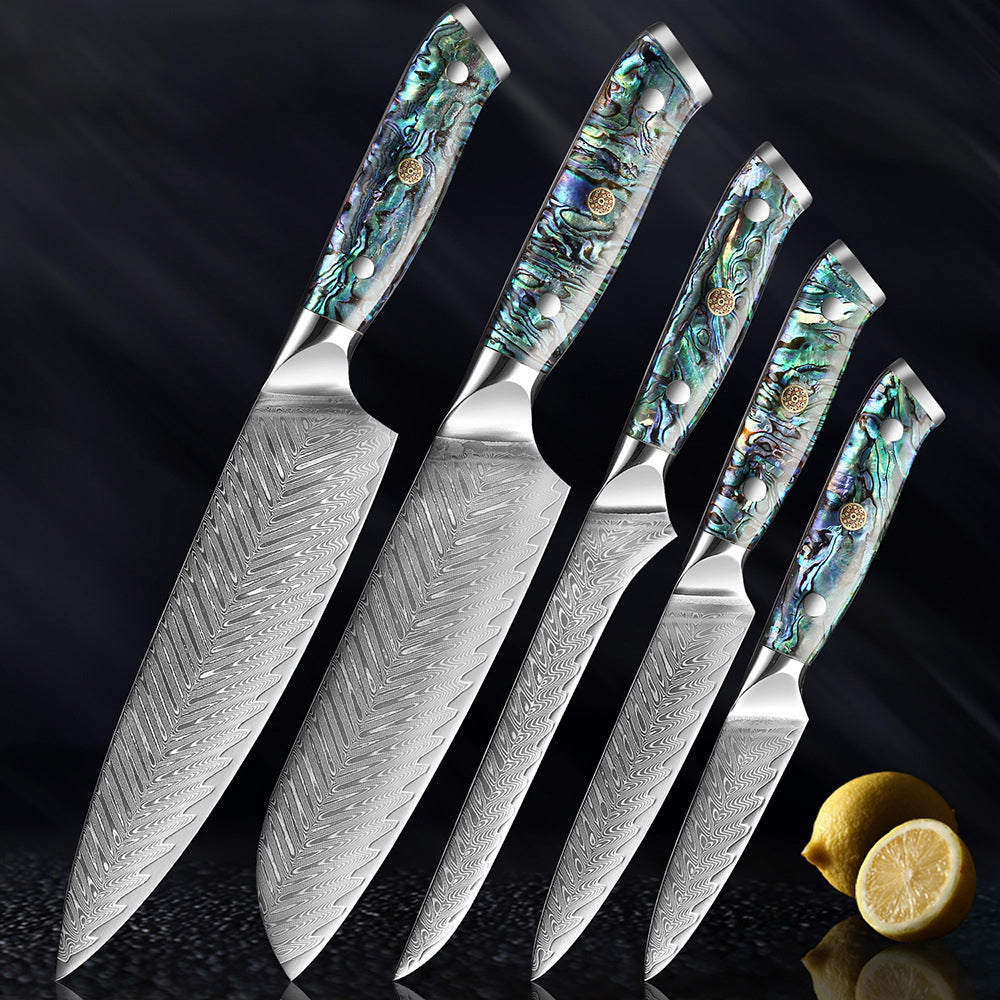 Couteau Okugai (おくがい) en acier de Damas avec manche en nacre d&