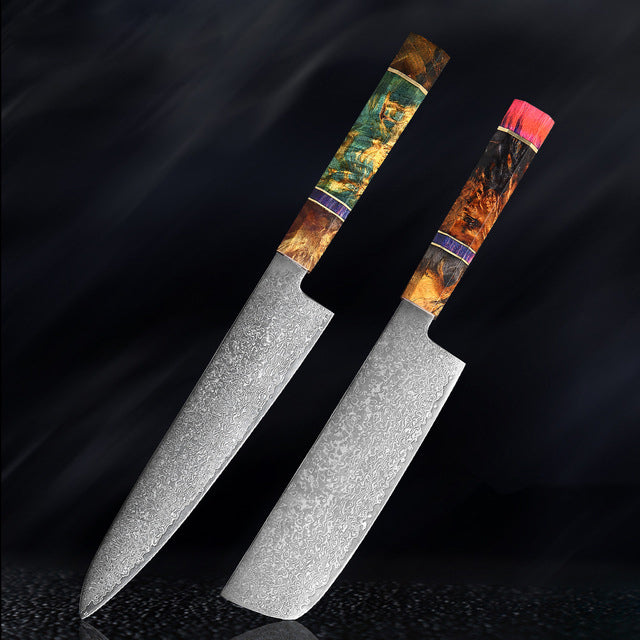 Couteau de cuisine japonais SAKUTO (久拓) en acier damassé avec manche octogonal coloré