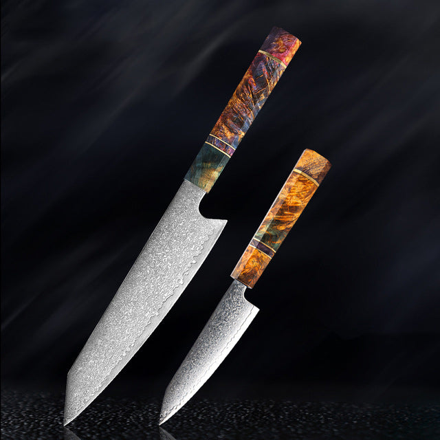 Couteau de cuisine japonais SAKUTO (久拓) en acier damassé avec manche octogonal coloré