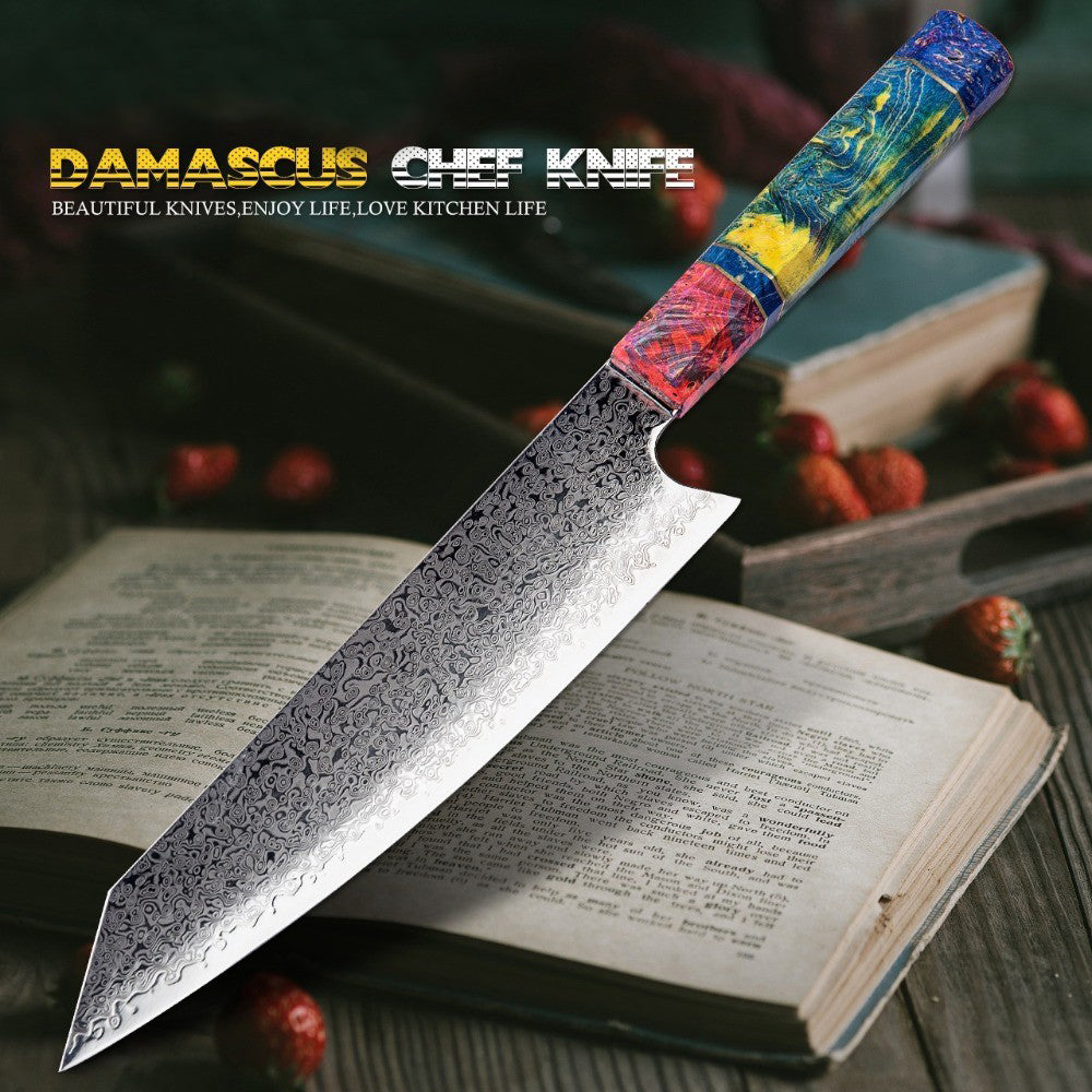 Couteau de cuisine japonais SAKUTO (久拓) en acier damassé avec manche octogonal coloré
