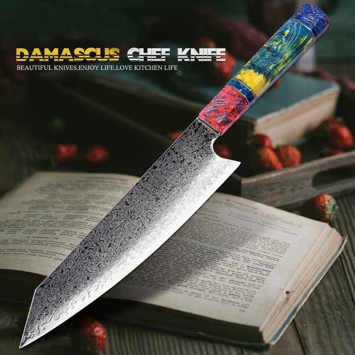 Couteau de cuisine japonais SAKUTO (久拓) en acier damassé avec manche octogonal coloré