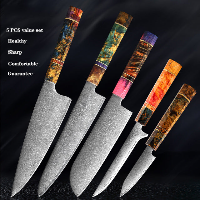 Couteau de cuisine japonais SAKUTO (久拓) en acier damassé avec manche octogonal coloré