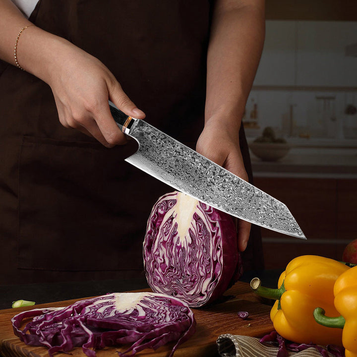 Kiritsuke (きり付け) Couteau de chef japonais en acier de Damas avec manche octogonal en ébène