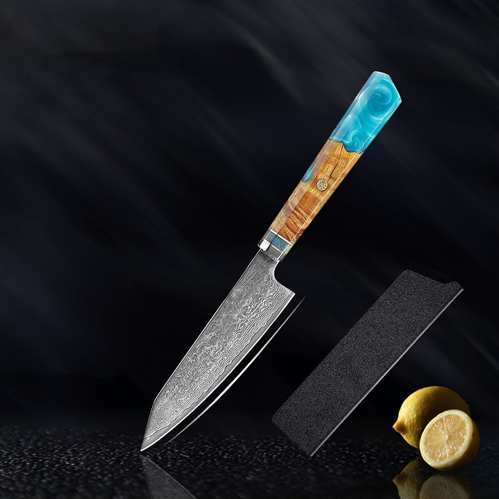 Couteau japonais Seiki (清木) en acier damas avec manche en résine bleue