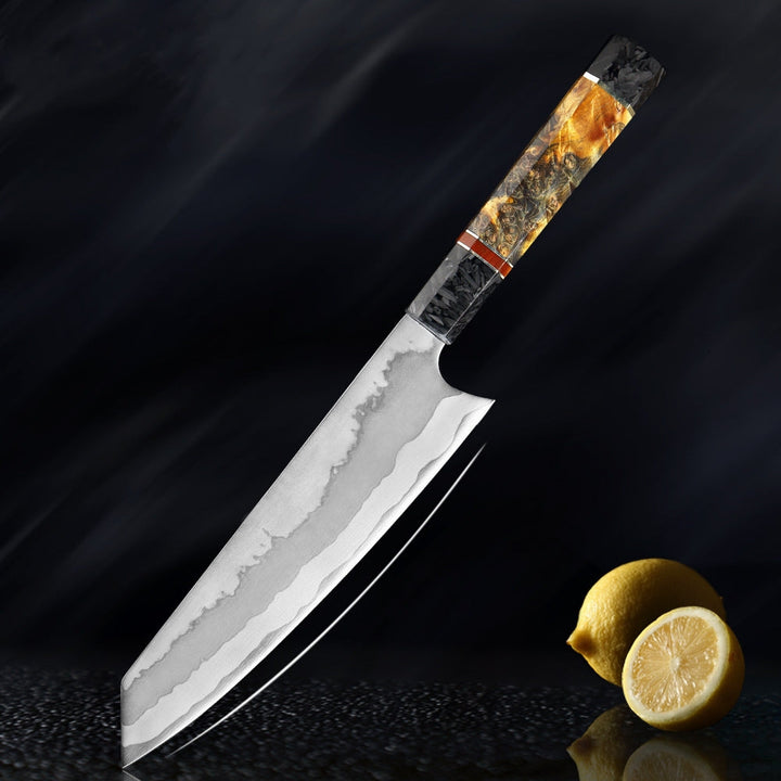 Kiritsuke (きり付け) Couteau de chef japonais en acier de Damas avec manche octogonal coloré
