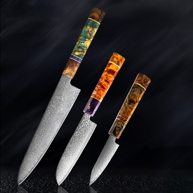 Couteau de cuisine japonais SAKUTO (久拓) en acier damassé avec manche octogonal coloré