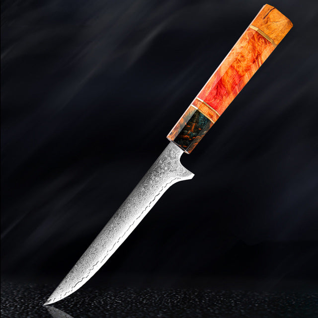 Couteau de cuisine japonais SAKUTO (久拓) en acier damassé avec manche octogonal coloré