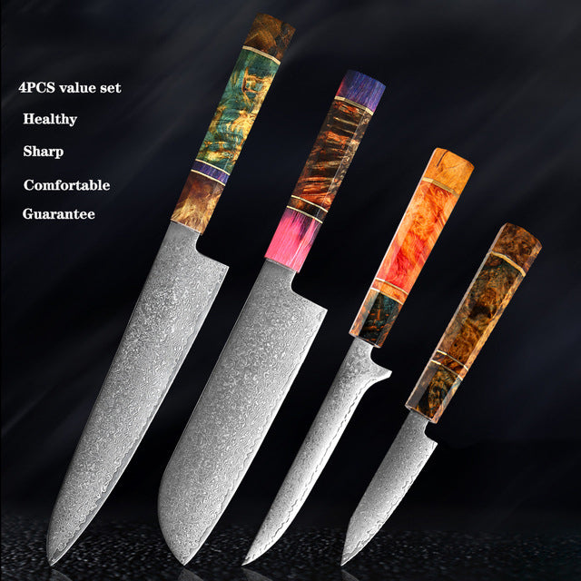 Couteau de cuisine japonais SAKUTO (久拓) en acier damassé avec manche octogonal coloré