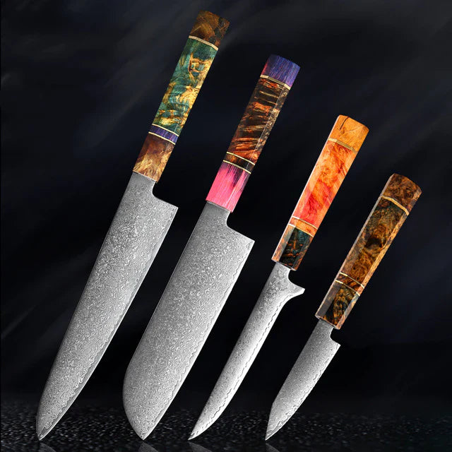 Couteau de cuisine japonais SAKUTO (久拓) en acier damassé avec manche octogonal coloré