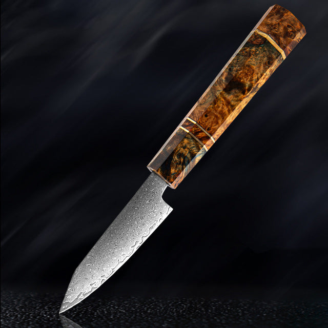 Couteau de cuisine japonais SAKUTO (久拓) en acier damassé avec manche octogonal coloré