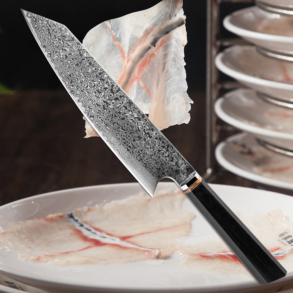 Kiritsuke (きり付け) Couteau de chef japonais en acier de Damas avec manche octogonal en ébène