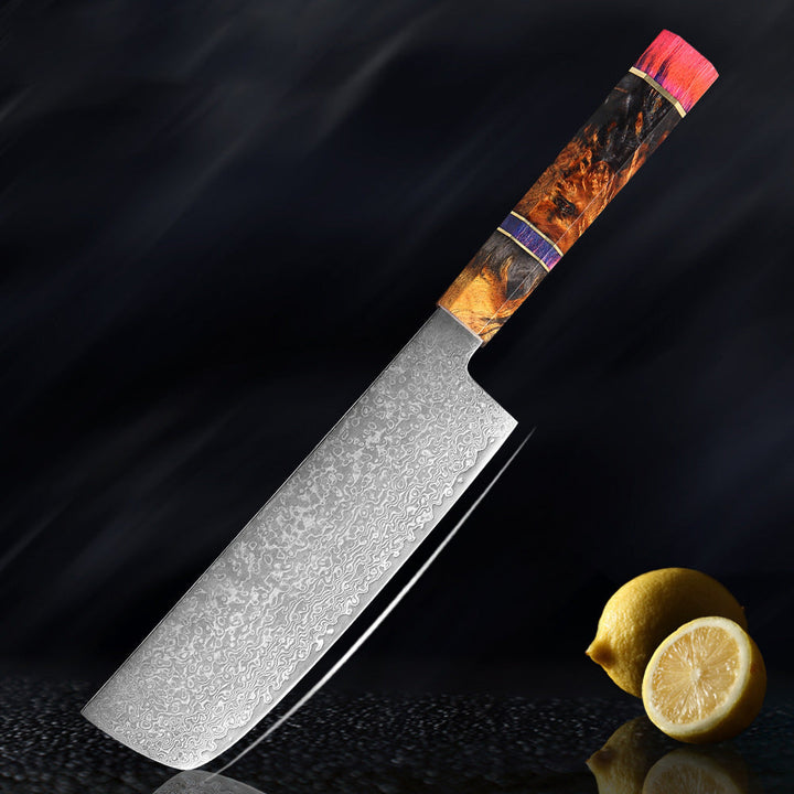 Couteau de cuisine japonais SAKUTO (久拓) en acier damassé avec manche octogonal coloré