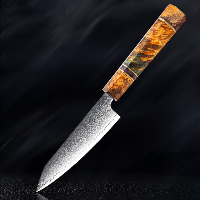 Couteau de cuisine japonais SAKUTO (久拓) en acier damassé avec manche octogonal coloré