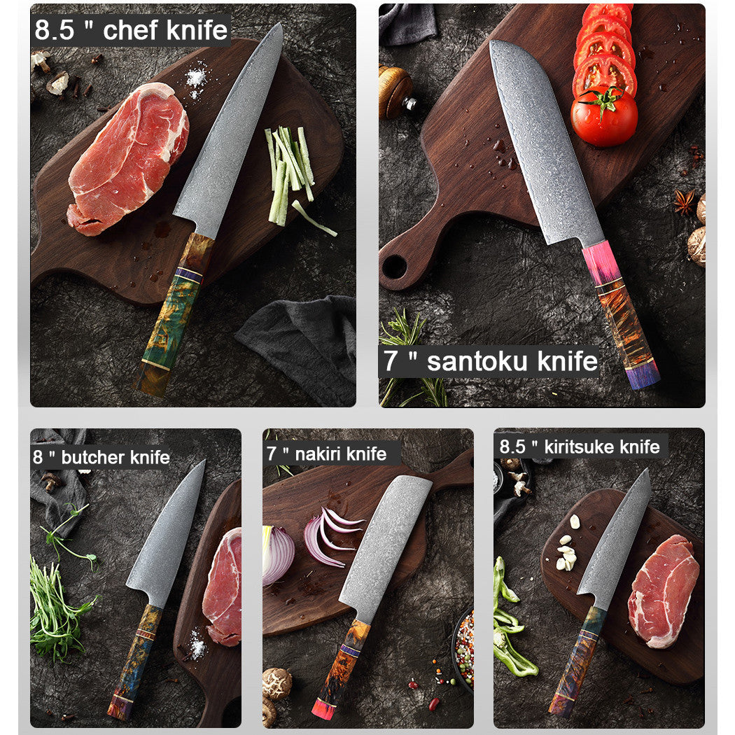 Couteau de cuisine japonais SAKUTO (久拓) en acier damassé avec manche octogonal coloré