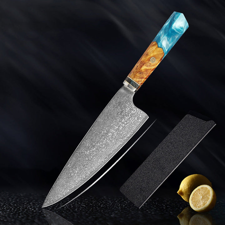 Couteau japonais Seiki (清木) en acier damas avec manche en résine bleue