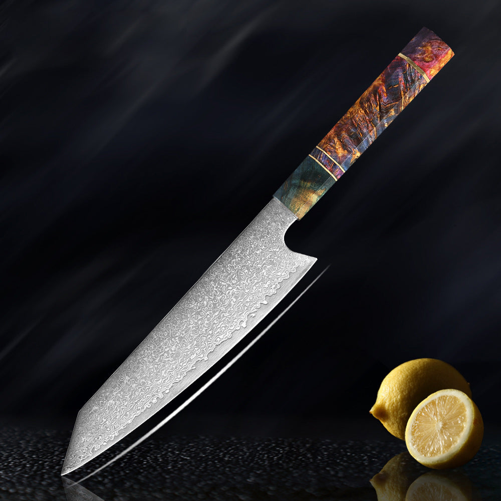 Couteau de cuisine japonais SAKUTO (久拓) en acier damassé avec manche octogonal coloré