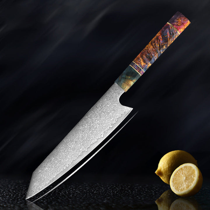Couteau de cuisine japonais SAKUTO (久拓) en acier damassé avec manche octogonal coloré