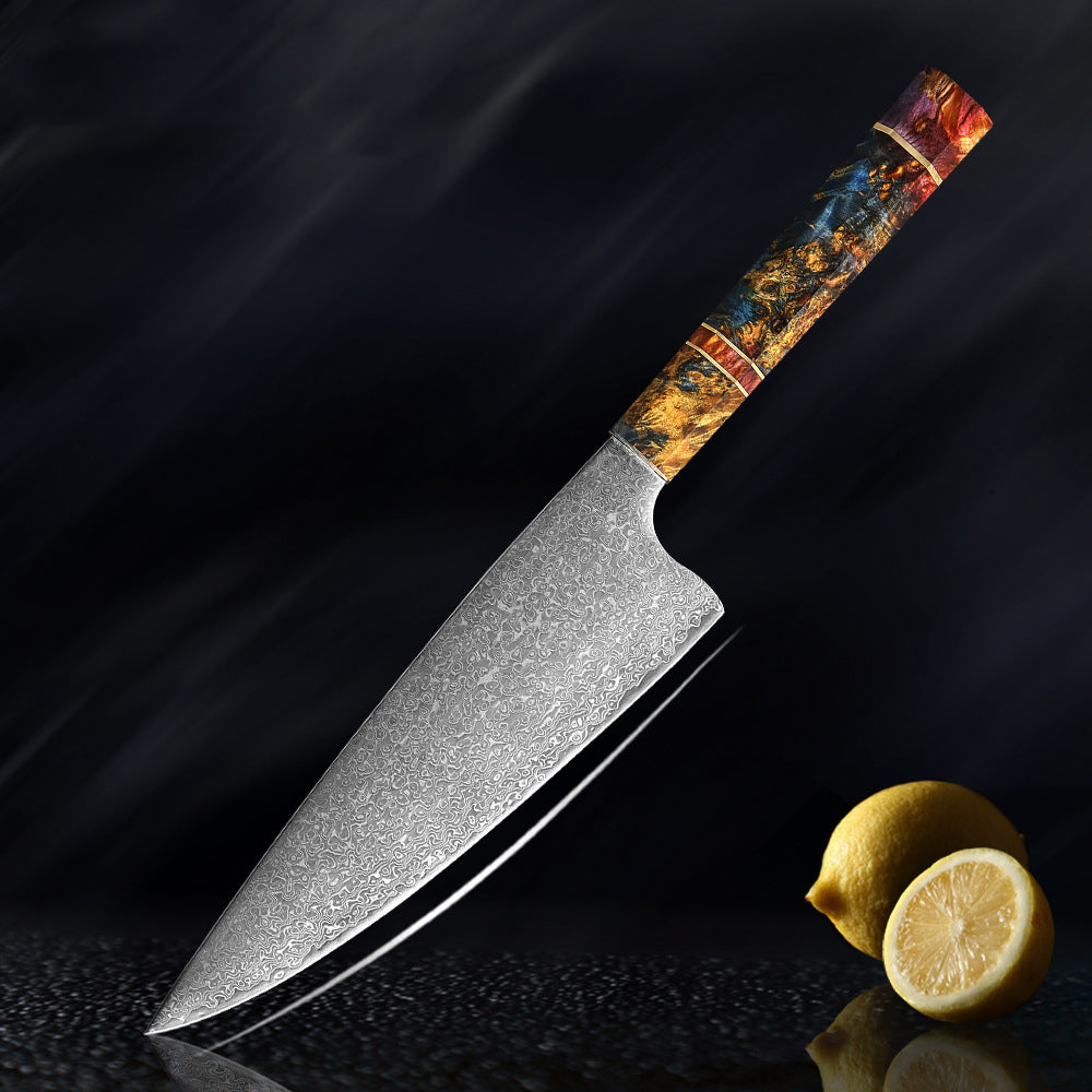 Couteau de cuisine japonais SAKUTO (久拓) en acier damassé avec manche octogonal coloré