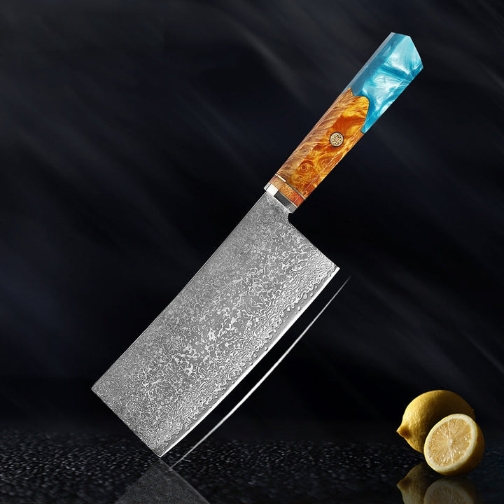 Couteau japonais Seiki (清木) en acier damas avec manche en résine bleue